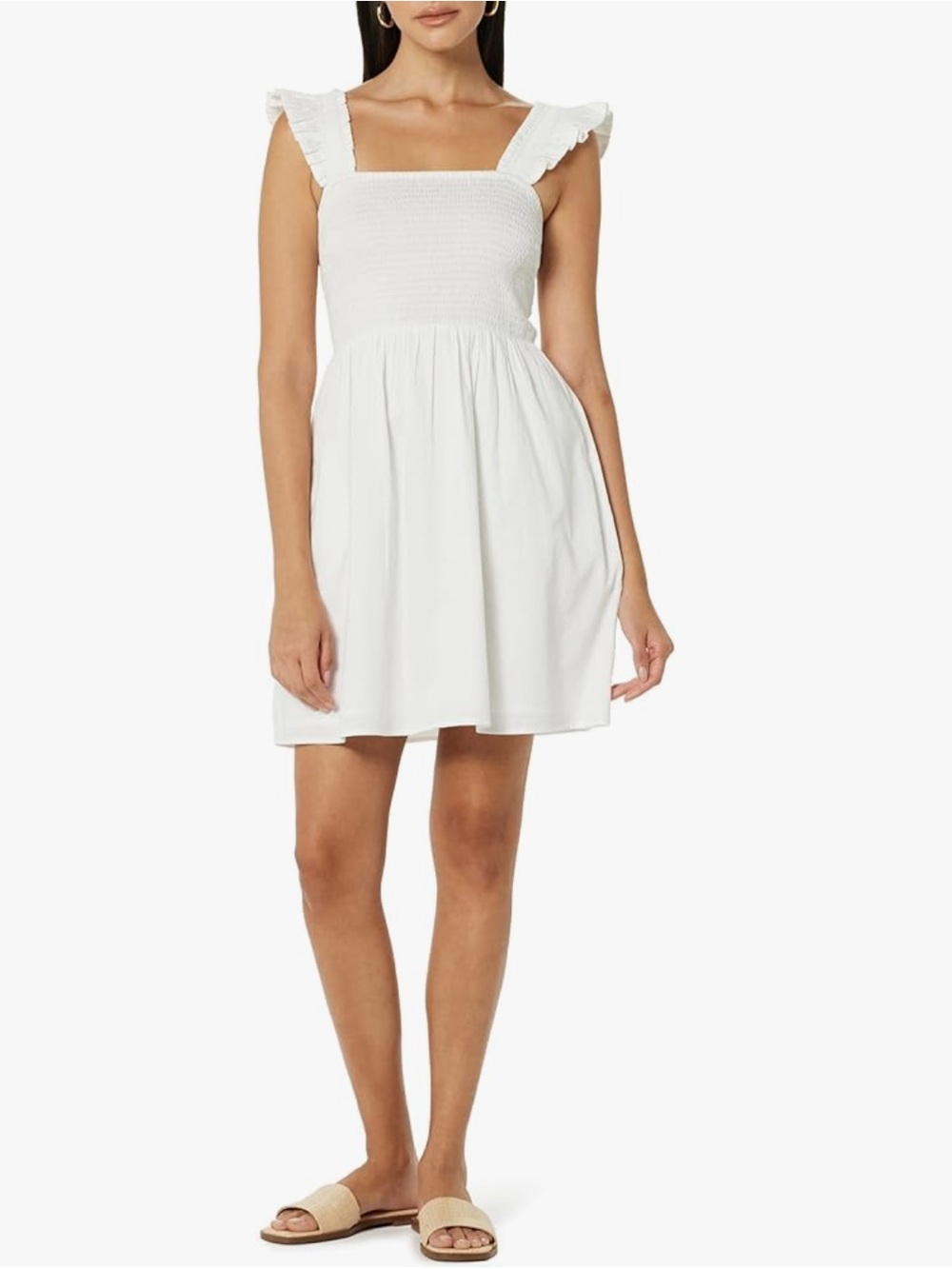 NWT The Drop Kari Ruffled Shoulder Smocked Mini Dress - White